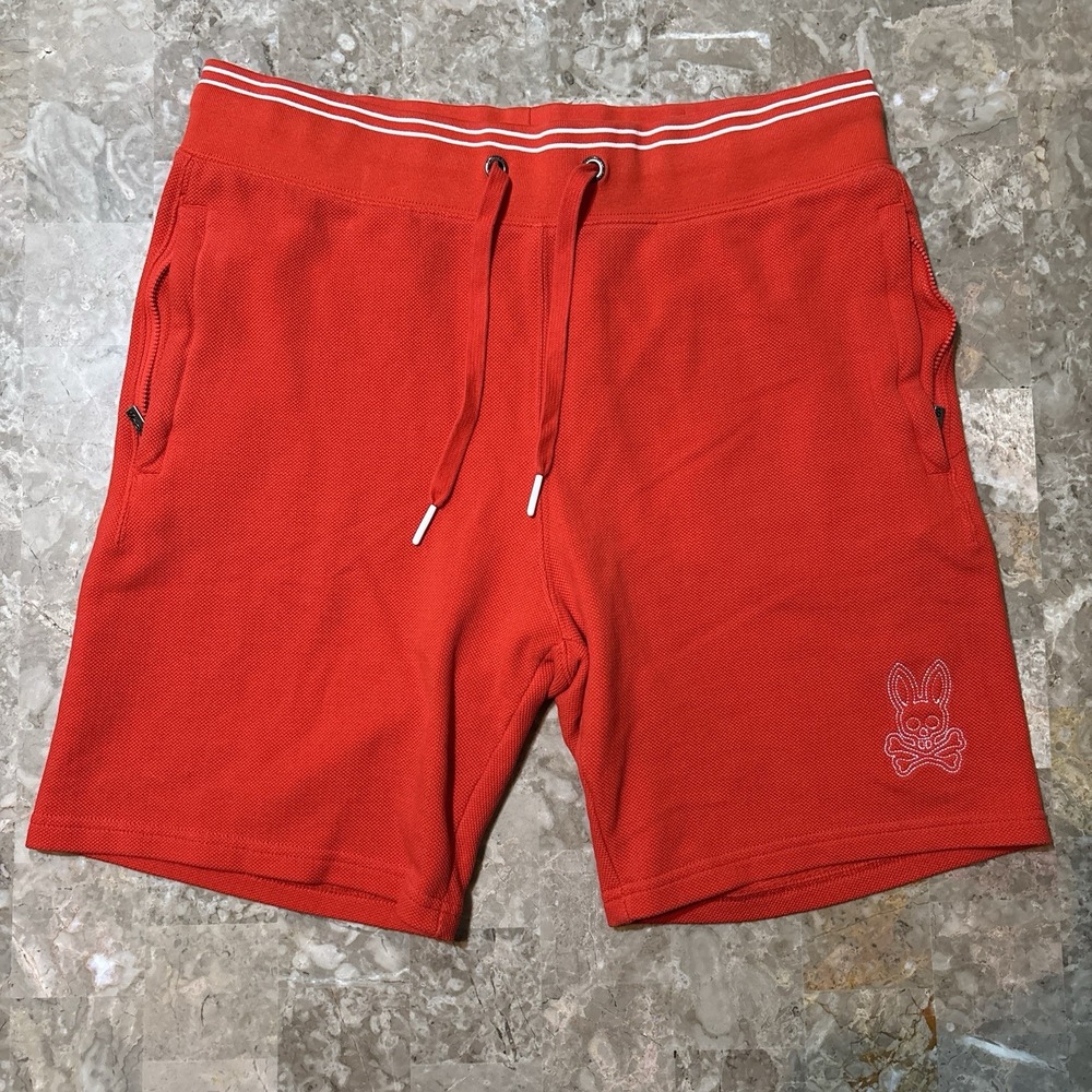 Psycho Bunny Shorts Mens Small Orange Pique Mesh Drawstring Lounge Skull Logo